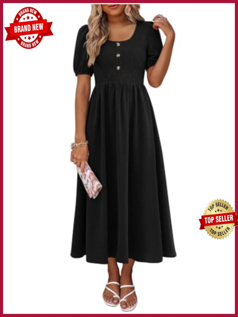 Womens 100% Polyester Scoop Neck Midi Dress Pockets Smocked